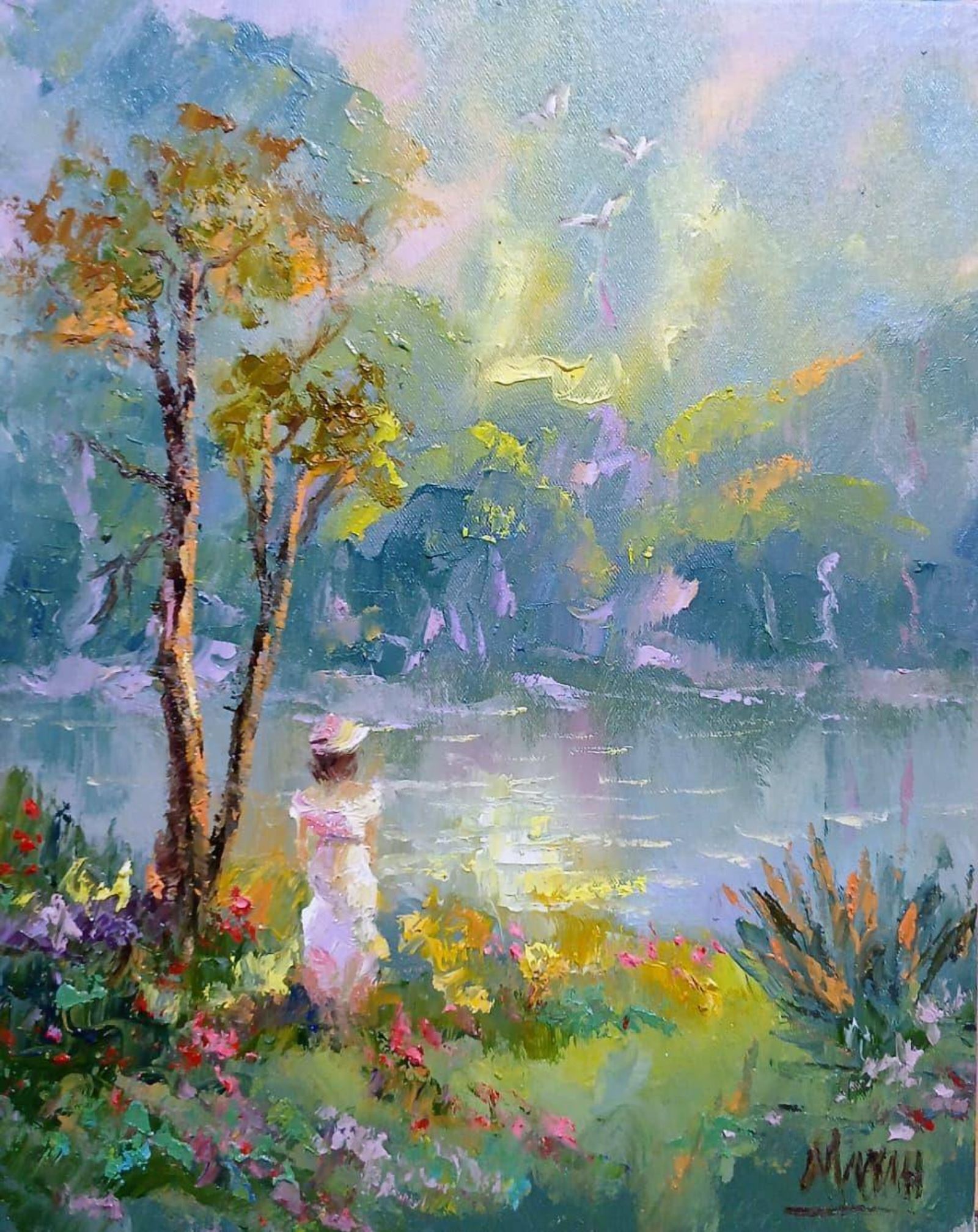 Quadro original "Aurora à Beira D'Água" — Impressionismo, 24 x 30 cm, pintado à mão por Marah Silva