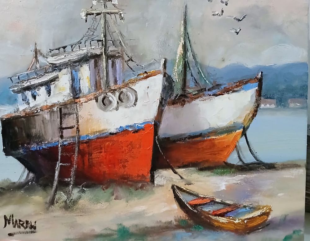 Quadro original "Repouso na Encosta" — Marinhas, Óleo sobre tela, 24 x 30 cm, pintado à mão por Marah Silva