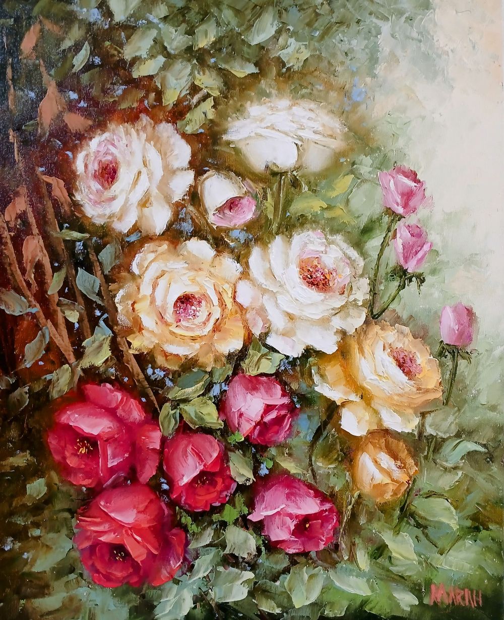 Quadro original "Roseiras floridas" — Florais, Óleo sobre tela, 40 x 50 cm, pintado à mão por Marah Silva