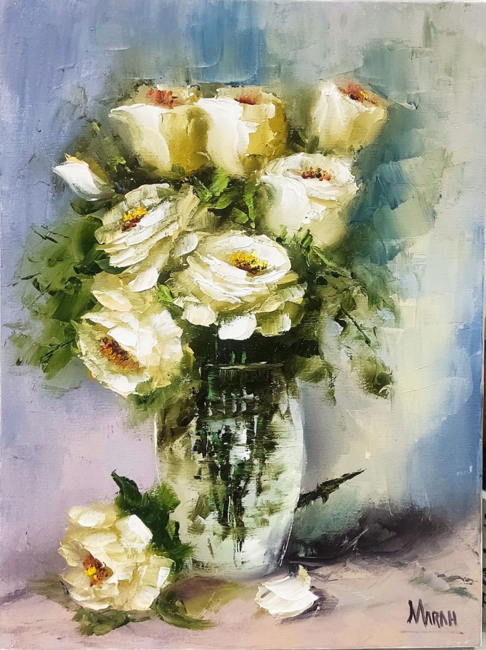 Quadro original "Rosas brancas II" — Florais, Óleo sobre tela, 30 x 40 cm, pintado à mão por Marah Silva