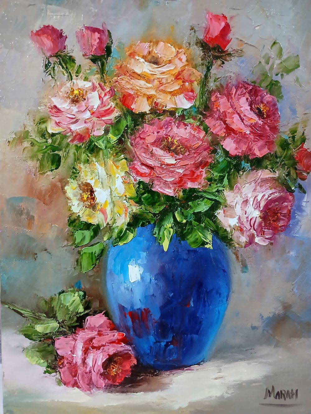 Quadro original "Rosas em Azul" — Florais, Óleo sobre tela, 30 x 40 cm, pintado à mão por Marah Silva
