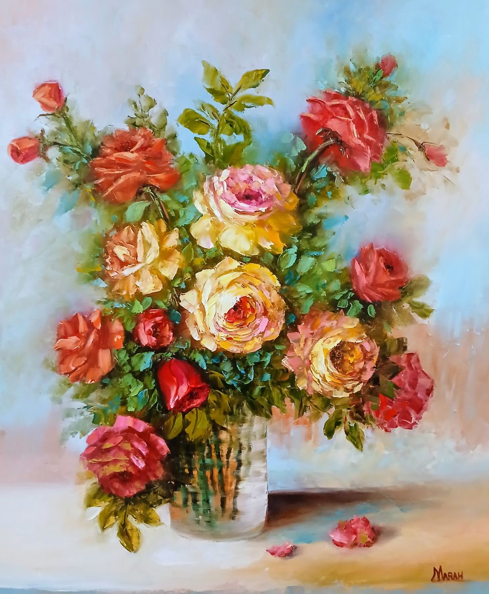 Quadro original "Flores para um Novo Dia" — Florais, Óleo sobre tela, 50 x 70 cm, pintado à mão por Marah Silva