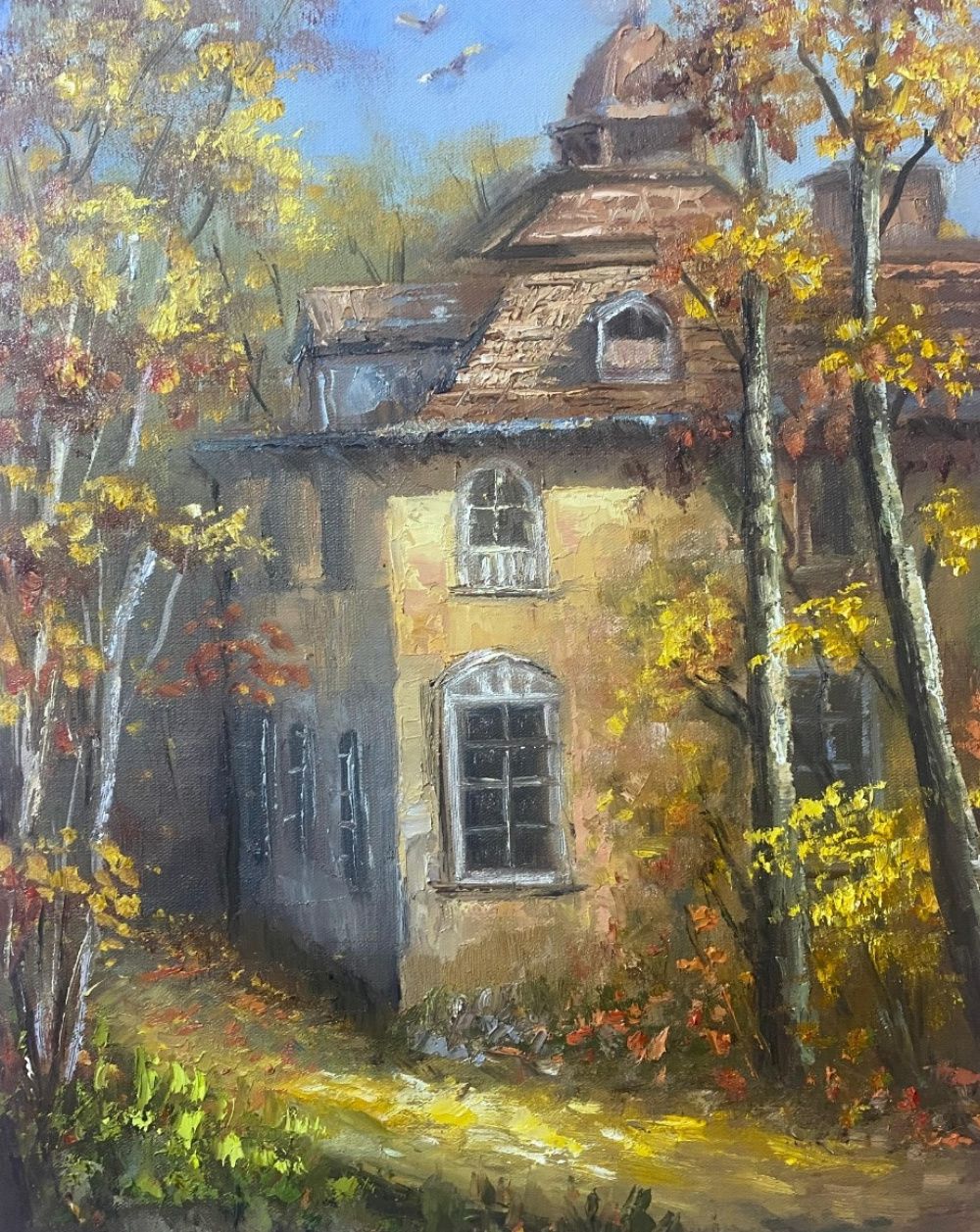 Quadro original "Um Refúgio em Tons de Ouro" — Paisagens, Óleo sobre tela, 24 x 30 cm, pintado à mão por Marah Silva