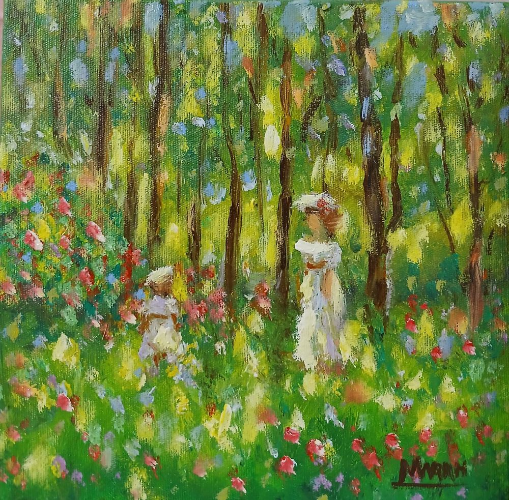 Quadro original "Brincadeiras na Clareira" — Impressionismo, Óleo sobre tela, 20 x 20 cm, pintado à mão por Marah Silva