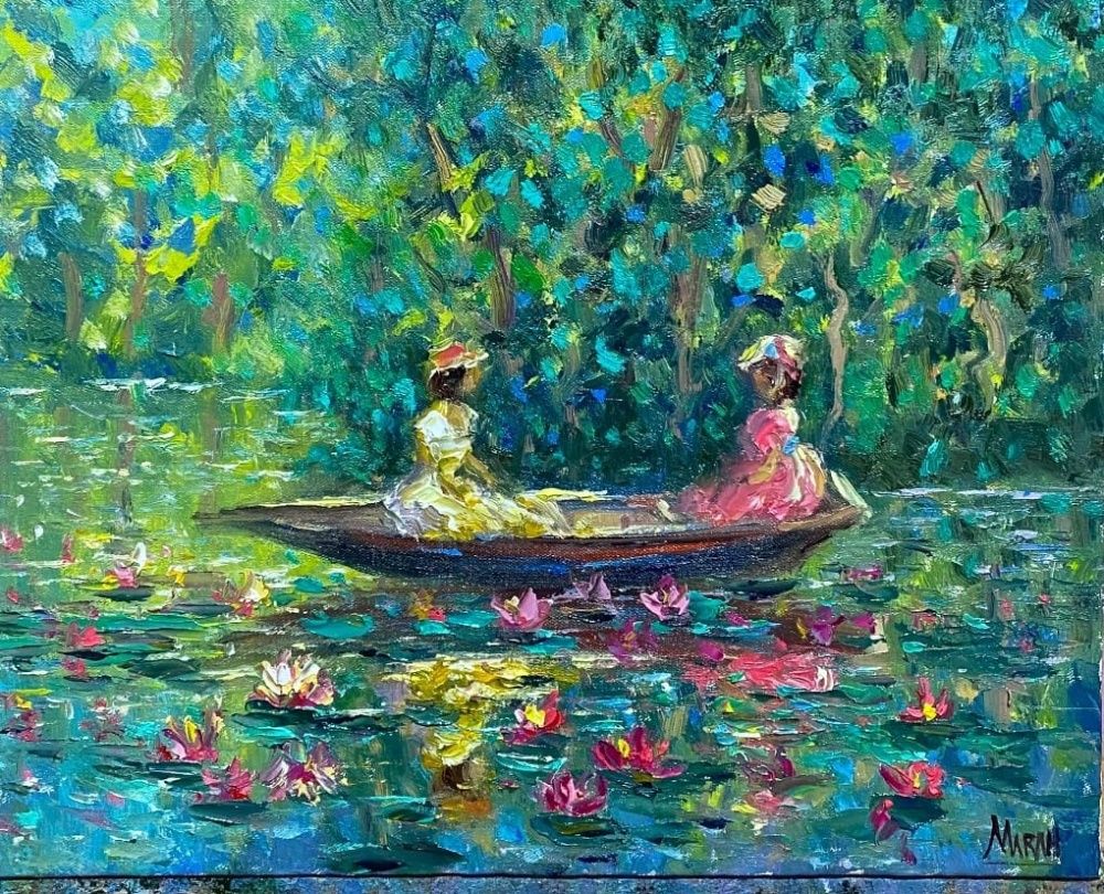 Quadro original "Cores do Jardim Flutuante" — Impressionismo, Óleo sobre tela, 30 x 24 cm, pintado à mão por Marah Silva