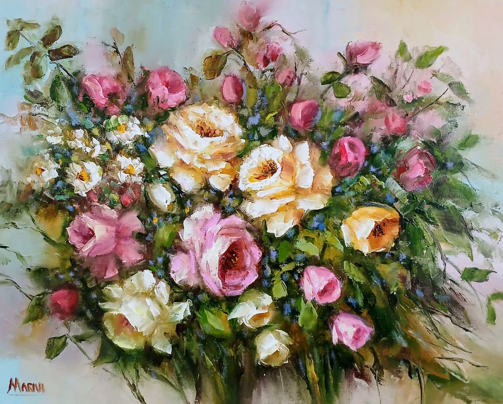 Quadro original "Roseiras" — Florais, Óleo sobre tela, 50 x 40 cm, pintado à mão por Marah Silva