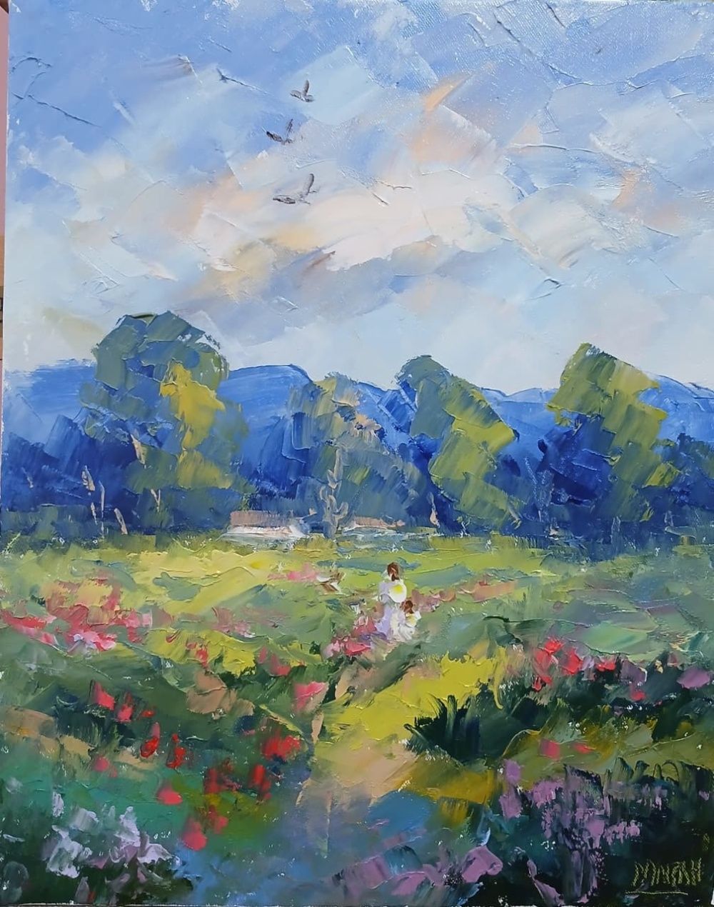 Quadro original "Alvorada Campestre" — Impressionismo, Óleo sobre tela, 24 x 30 cm, pintado à mão por Marah Silva
