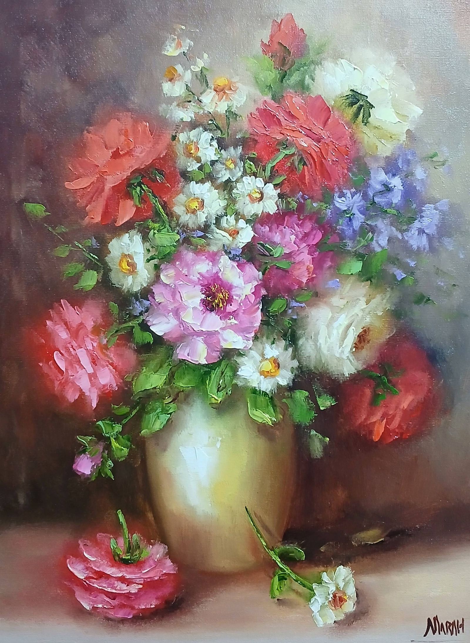 Quadro original "Elegância da Primavera" — Florais, Espatulado a óleo sobre tela, 30 x 40 cm, pintado à mão por Marah Silva