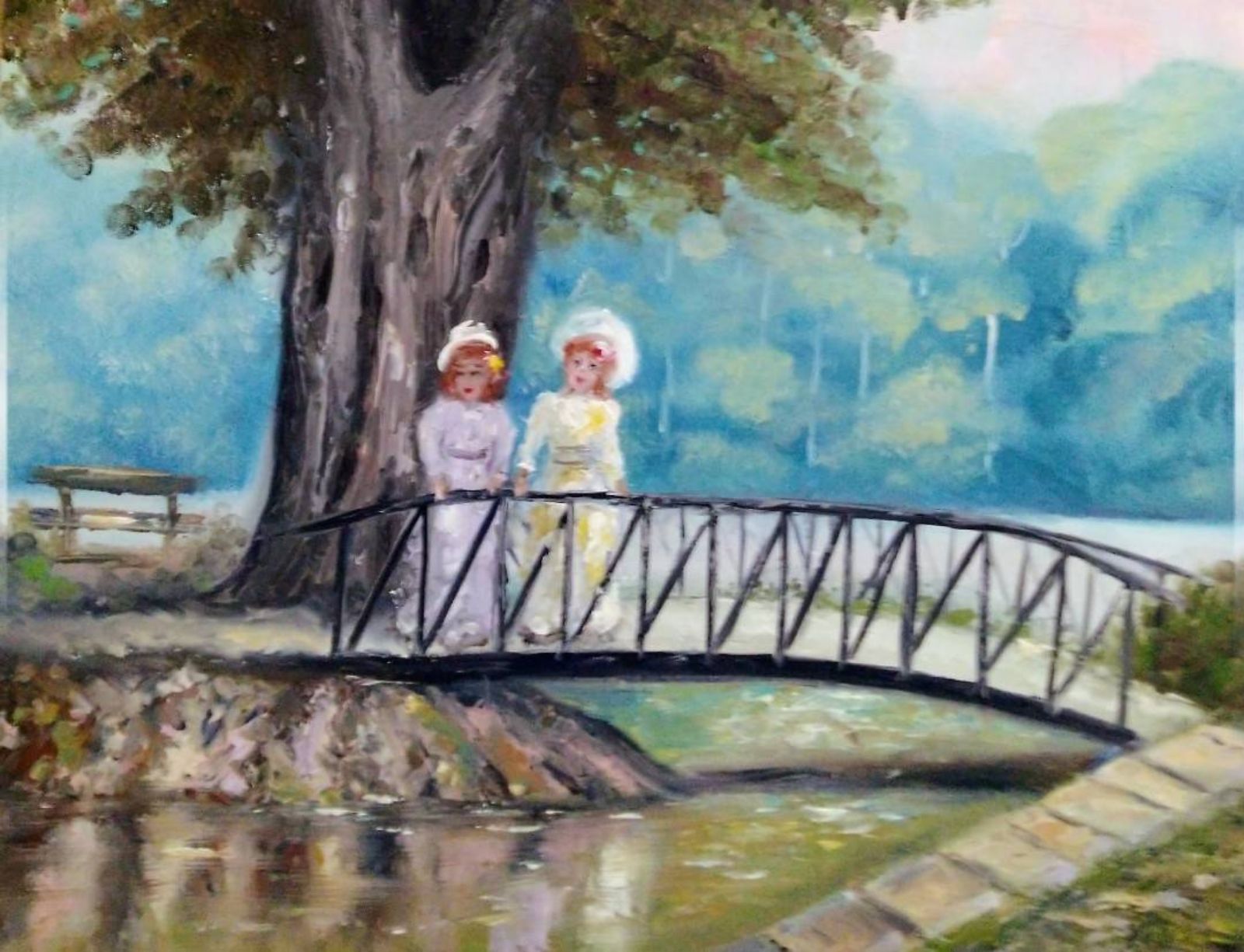 Quadro original "Ponte do Encontro Sereno" — Impressionismo, Técnica a óleo tela, 40 x 50 cm, pintado à mão por Marah Silva