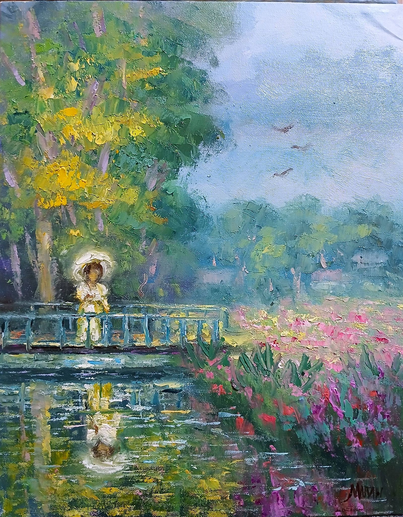 Quadro original "Ponte de Reflexos Floridos" — Impressionismo, Espatulado a óleo sobre tela, 24 x 30 cm, pintado à mão por Marah Silva