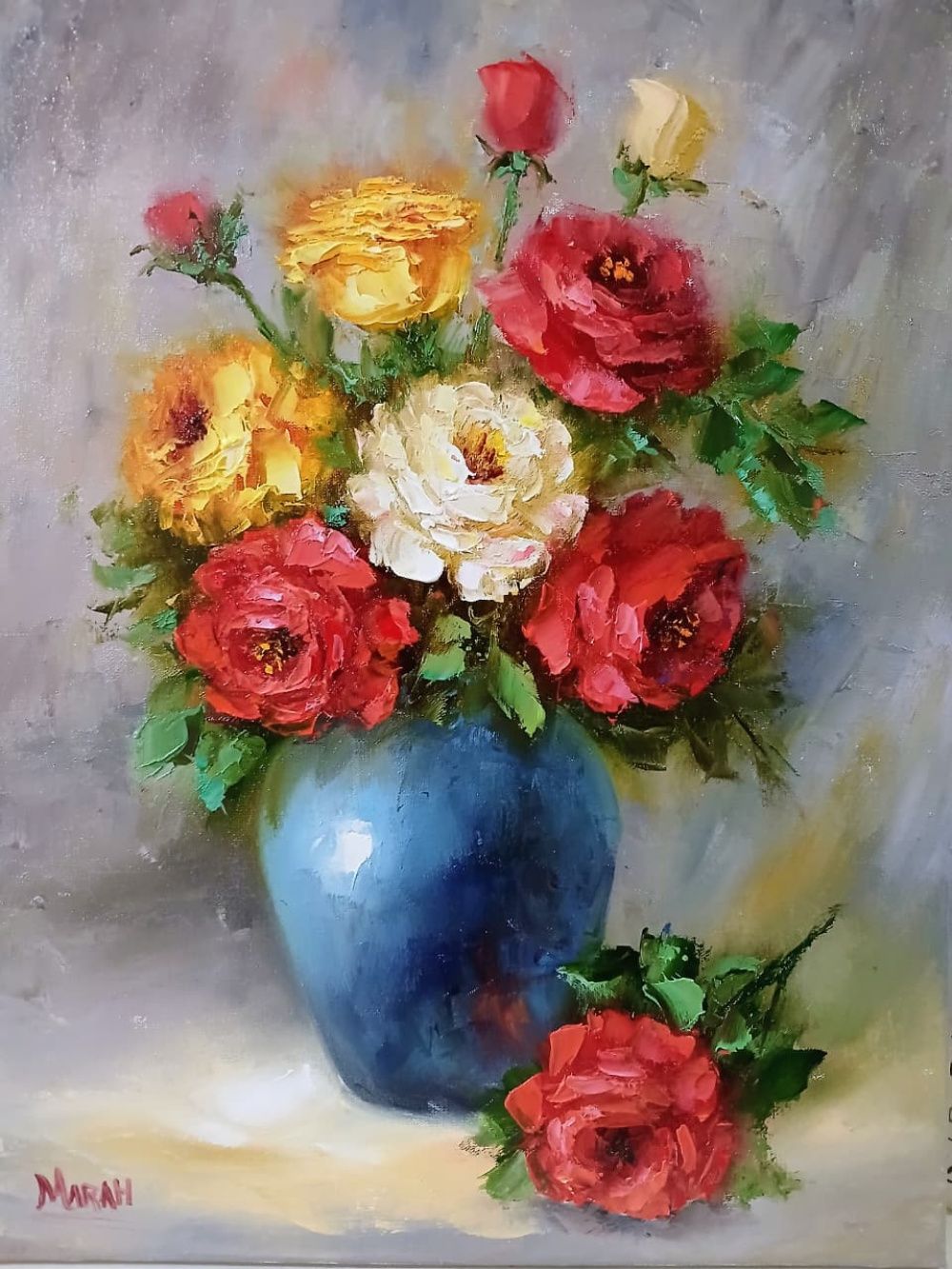 Quadro original "Contraste no Vaso Azul" — Florais, Óleo sobre tela, 30 x 40 cm, pintado à mão por Marah Silva