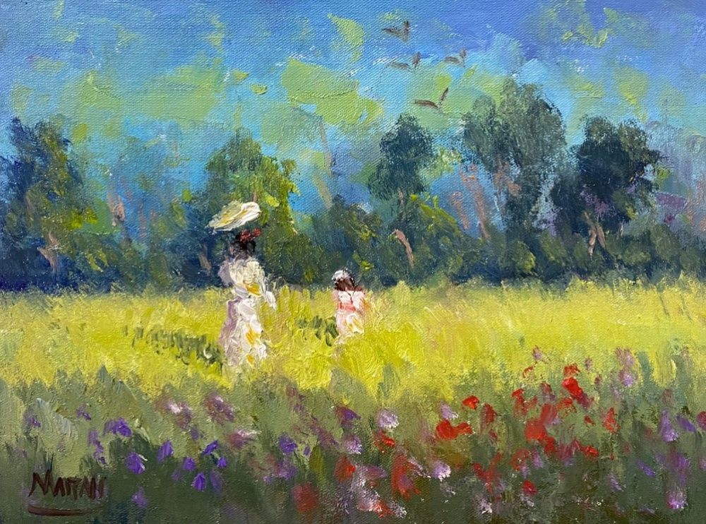 Quadro original "Flores do Dia Azul" — Impressionismo, Óleo sobre tela, 24 x 18 cm, pintado à mão por Marah Silva