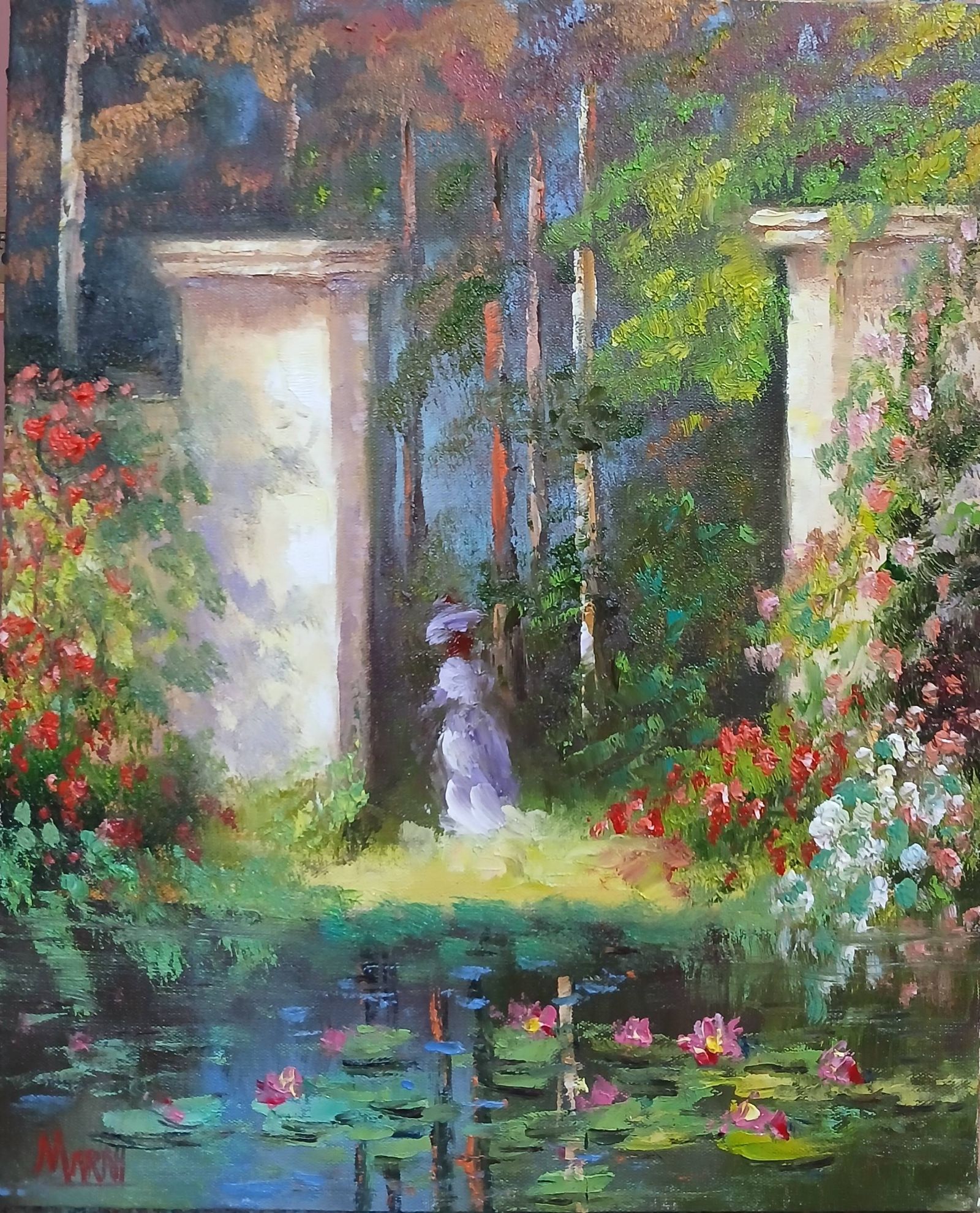 Quadro original "Dama do Lago Encantado" — Impressionismo, Óleo sobre tela, 24 x 30 cm, pintado à mão por Marah Silva