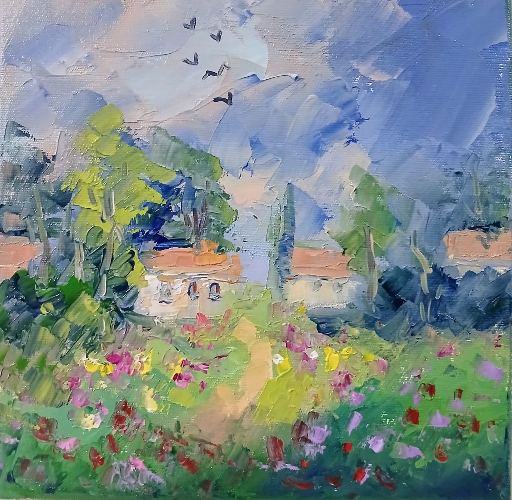 Quadro original "Casas entre Flores" — Paisagens, Óleo sobre tela, 20 x 20 cm, pintado à mão por Marah Silva
