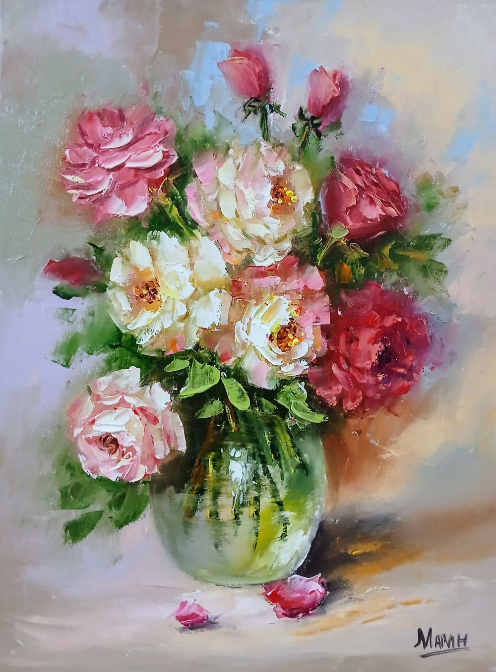 Quadro original "Perfume das Rosas" — Florais, Óleo sobre tela, 30 x 40 cm, pintado à mão por Marah Silva