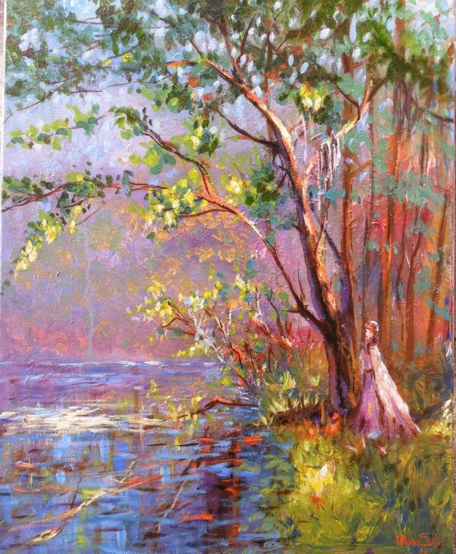 Quadro original "Alvorada no Riacho Sereno" — Impressionismo, Espatulado a óleo sobre tela, 50 x 70 cm, pintado à mão por Marah Silva