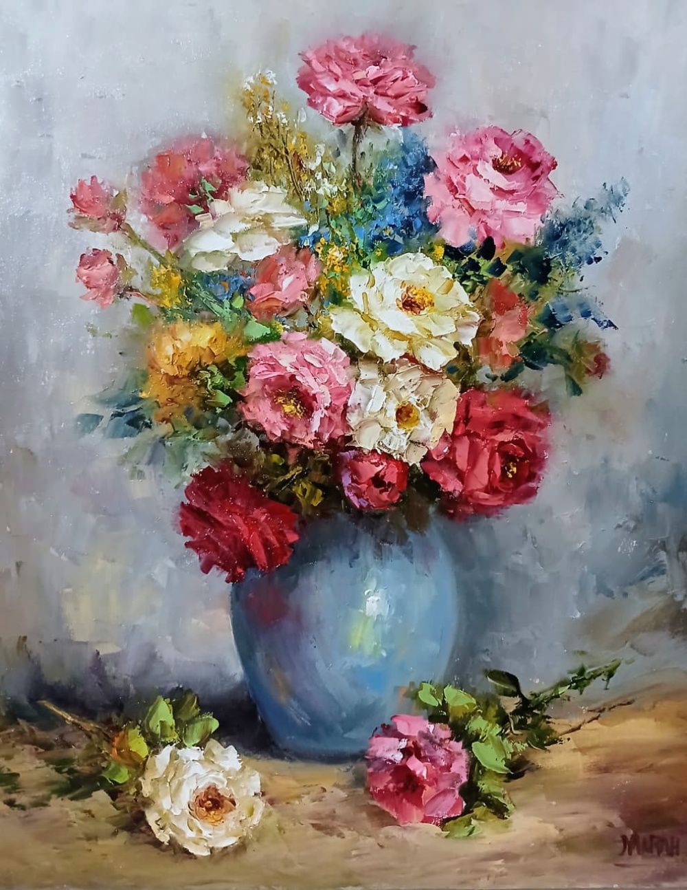 Quadro original "Sinfonia no Vaso Azul" — Florais, Óleo sobre tela, 40 x 50 cm, pintado à mão por Marah Silva
