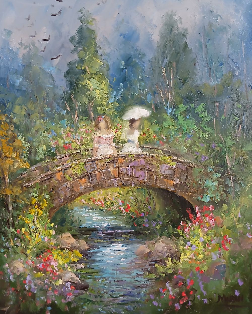 Quadro original "Tarde de Verão no Jardim" — Impressionismo, Óleo sobre tela, 40 x 50 cm, pintado à mão por Marah Silva