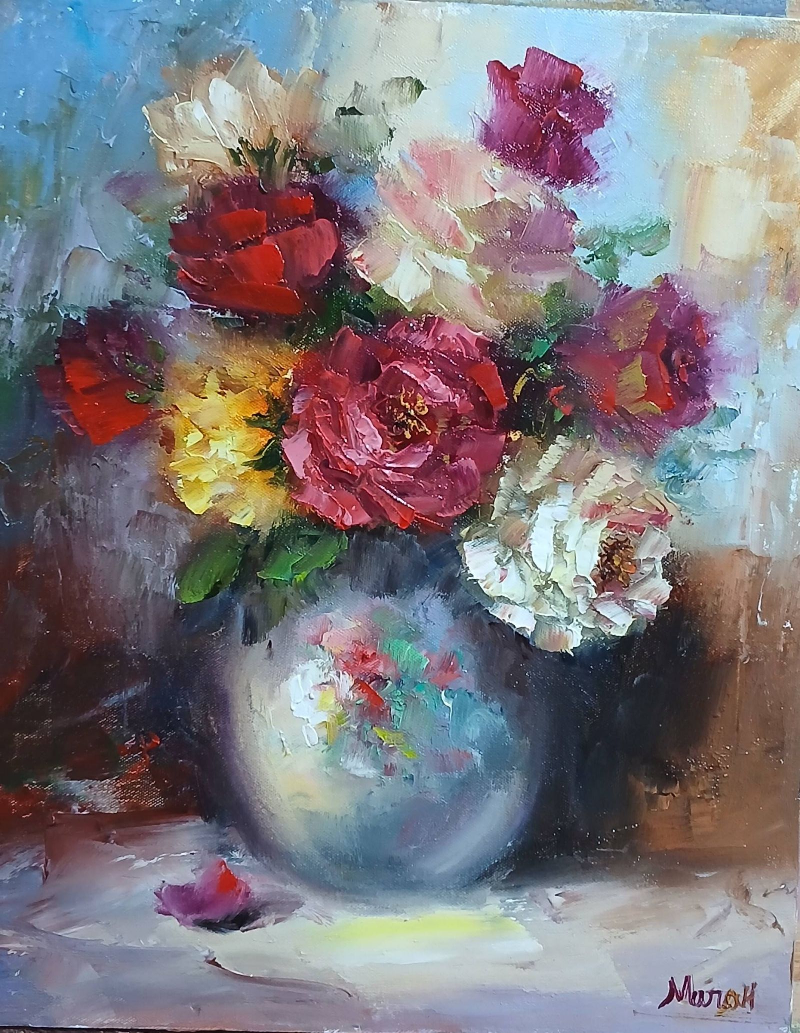 Quadro original "Intensidade Floral Rubra" — Florais, Espatulada a óleo sobre tela, 24 x 30 cm, pintado à mão por Marah Silva