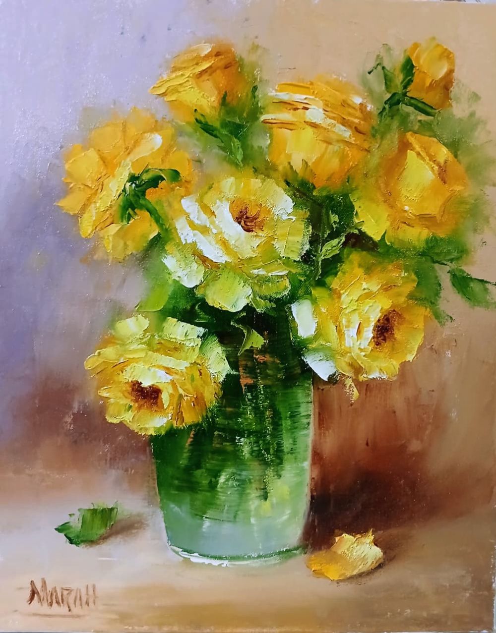 Quadro original "Luz de Açafrão" — Florais, Óleo sobre tela, 24 x 30 cm, pintado à mão por Marah Silva