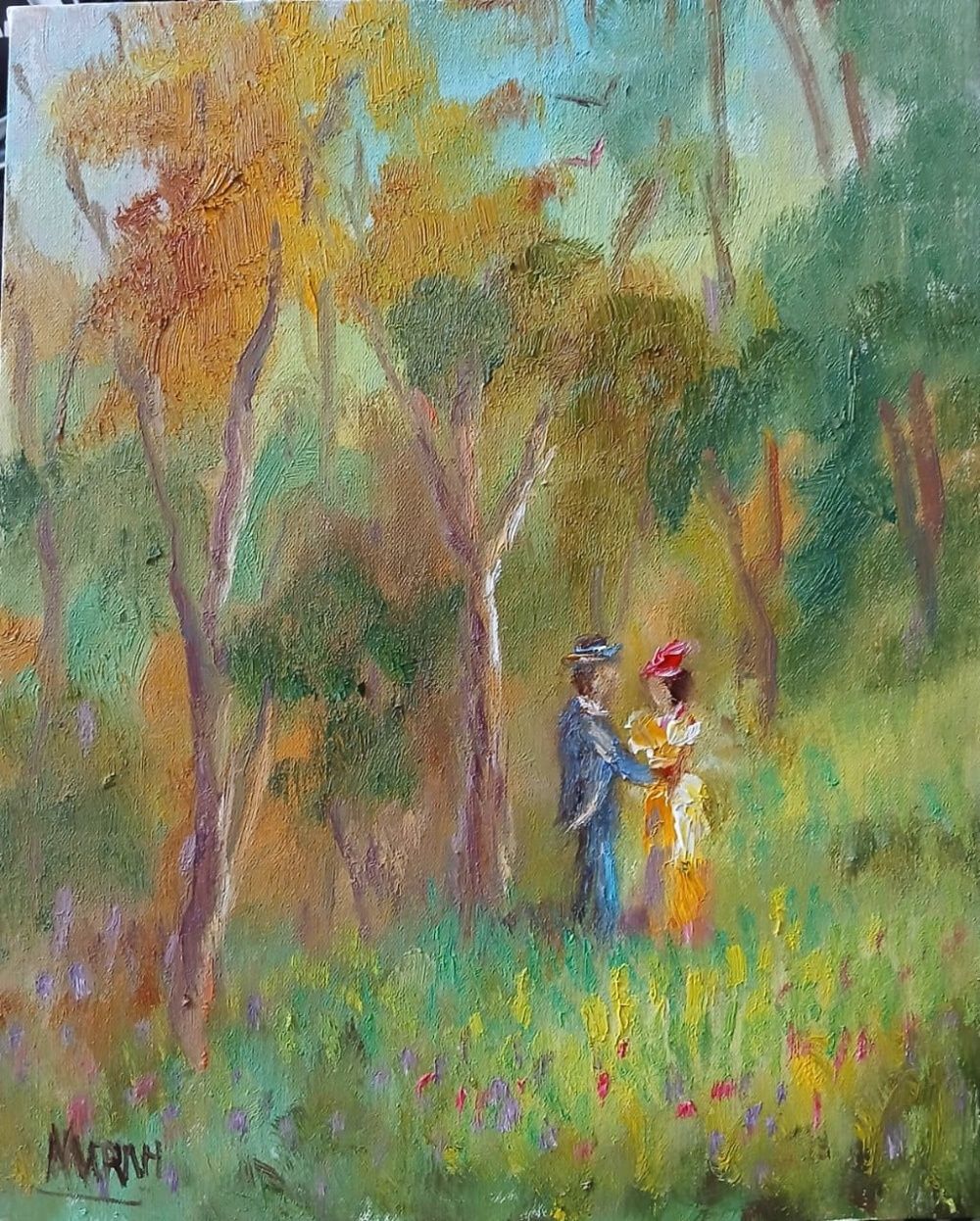 Quadro original "Encontro ao Luar" — Impressionismo, Óleo sobre tela, 24 x 30 cm, pintado à mão por Marah Silva