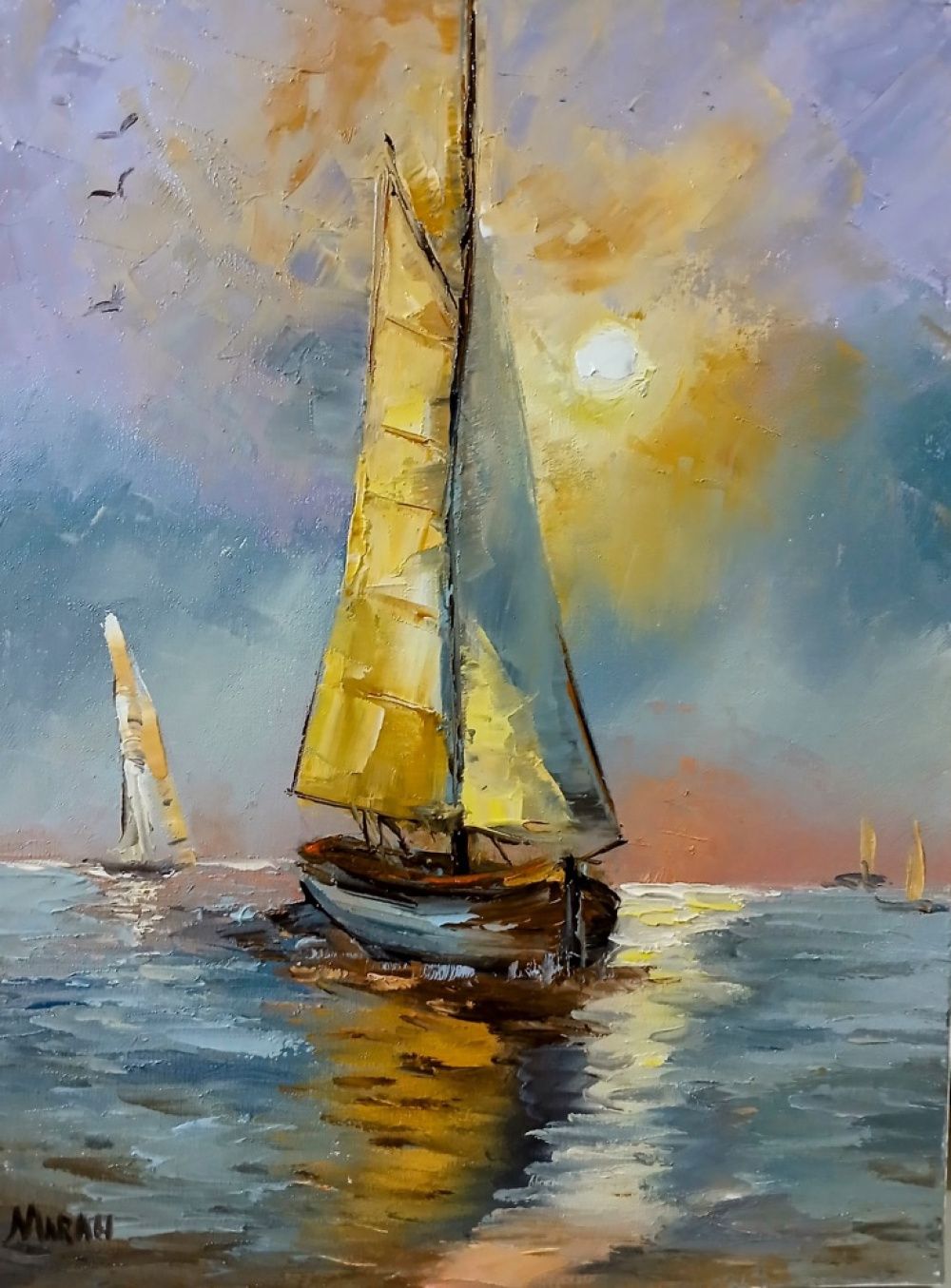 Quadro original "Luz ao Mar" — Marinhas, Óleo sobre tela, 30 x 40 cm, pintado à mão por Marah Silva
