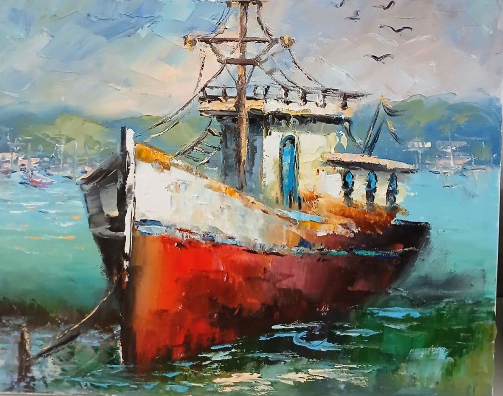 Quadro original "Aquarela do Porto" — Marinhas, Óleo sobre tela, 30 x 24 cm, pintado à mão por Marah Silva