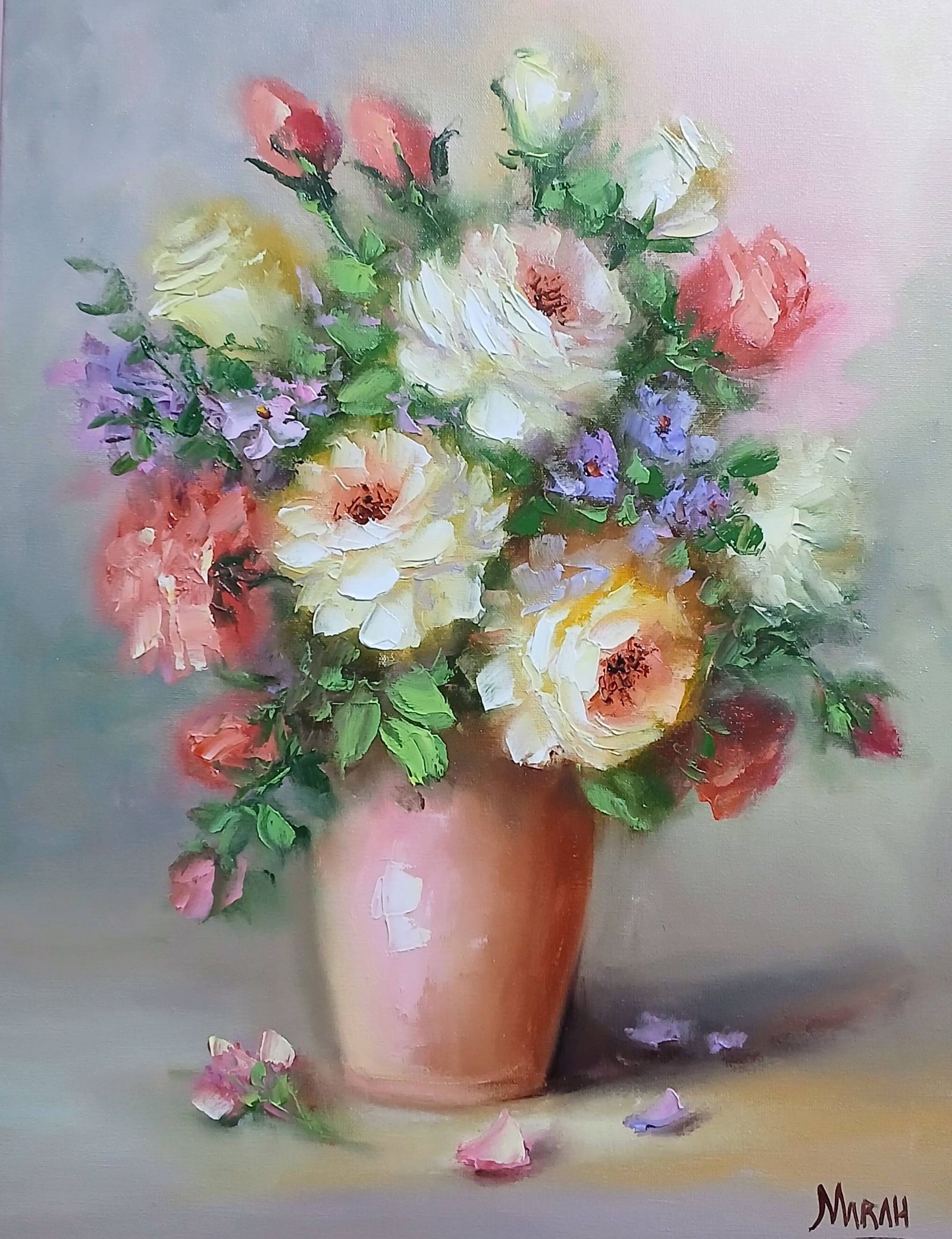 Quadro original "Delicadeza Florial Matinal" — Florais, Espatulado a óleo sobre tela, 30 x 40 cm, pintado à mão por Marah Silva