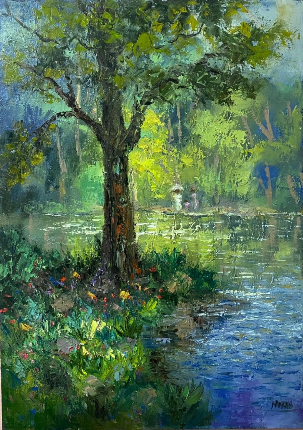 Quadro original "Brilho das Águas Verdes" — Impressionismo, Óleo sobre tela, 50 x 70 cm, pintado à mão por Marah Silva