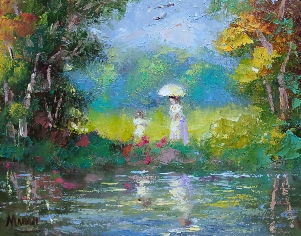 Quadro original "Mãe e filha II" — Impressionismo, Óleo sobre tela, 30 x 24 cm, pintado à mão por Marah Silva