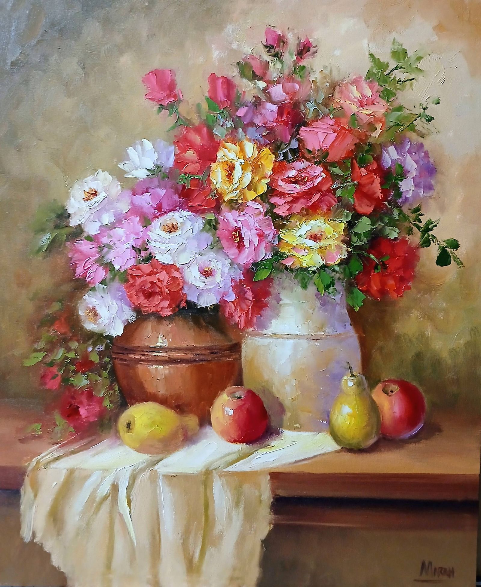 Quadro original "Composição Floral Colorida" — Florais, Técnica espatulada a óleo sobre tela, 50 x 60 cm, pintado à mão por Marah Silva