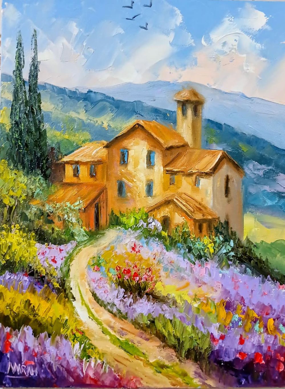 Quadro original "Refúgio entre Lavandas" — Paisagens, Óleo sobre tela, 27 x 35 cm, pintado à mão por Marah Silva