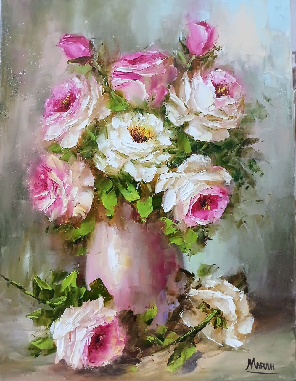Quadro original "Rosas da Aurora" — Florais, Óleo sobre tela, 30 x 40 cm, pintado à mão por Marah Silva