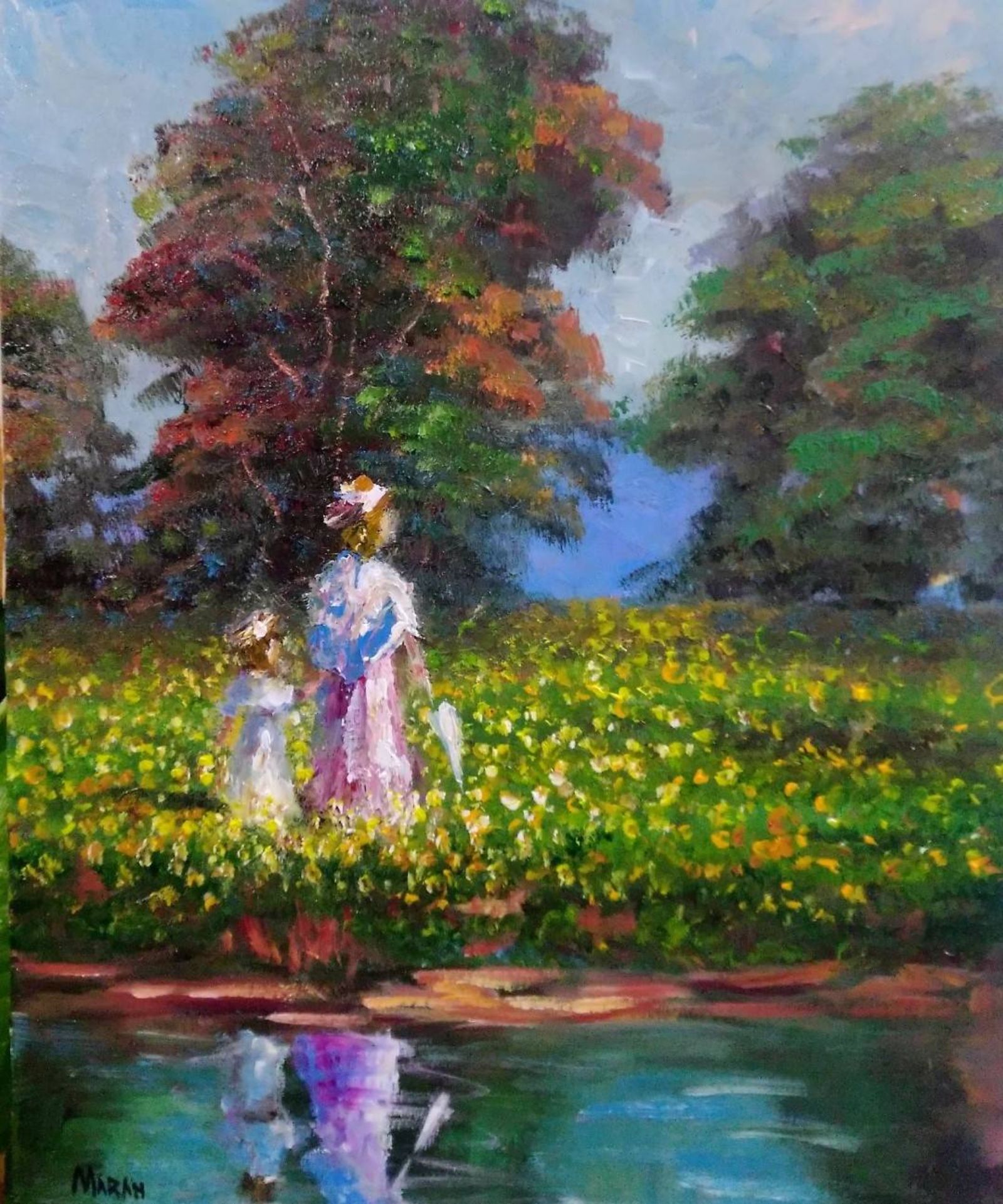 Quadro original "Jardim de Reflexos Aquáticos" — Impressionismo, Óleo sobre tela, 30 x 40 cm, pintado à mão por Marah Silva