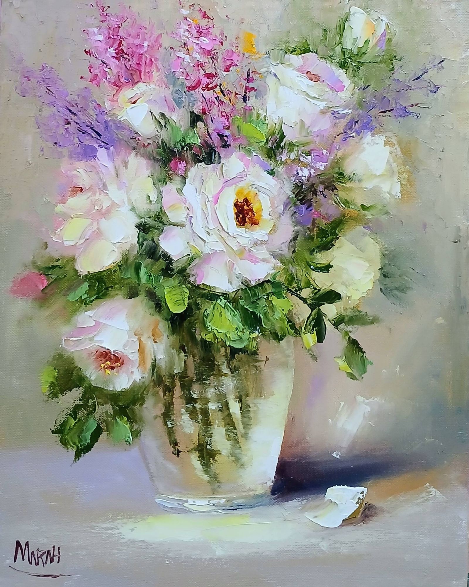 Quadro original "Sinfonia Floral Suave" — Florais, Técnica espatulada a óleo sobre tela, 24 x 30 cm, pintado à mão por Marah Silva
