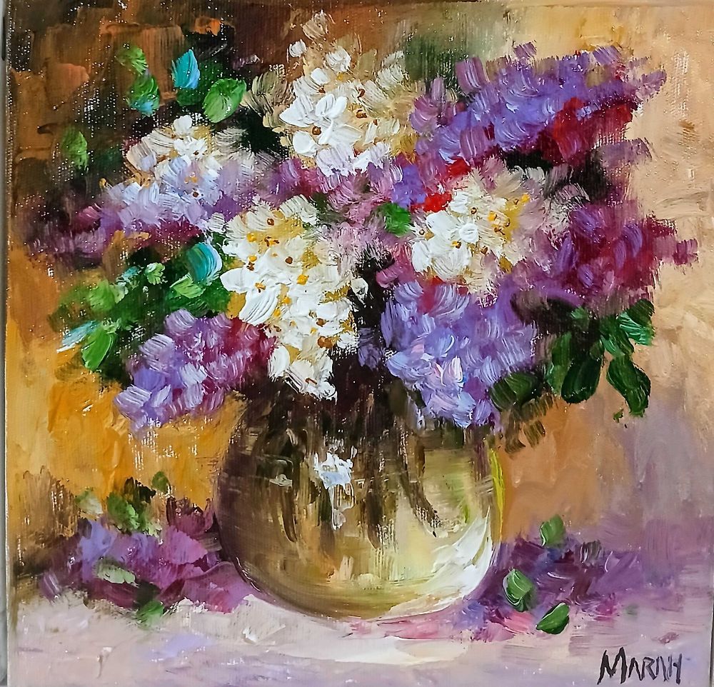 Quadro original "Encanto Floral Lilás" — Impressionismo, Óleo sobre tela, 20 x 20 cm, pintado à mão por Marah Silva