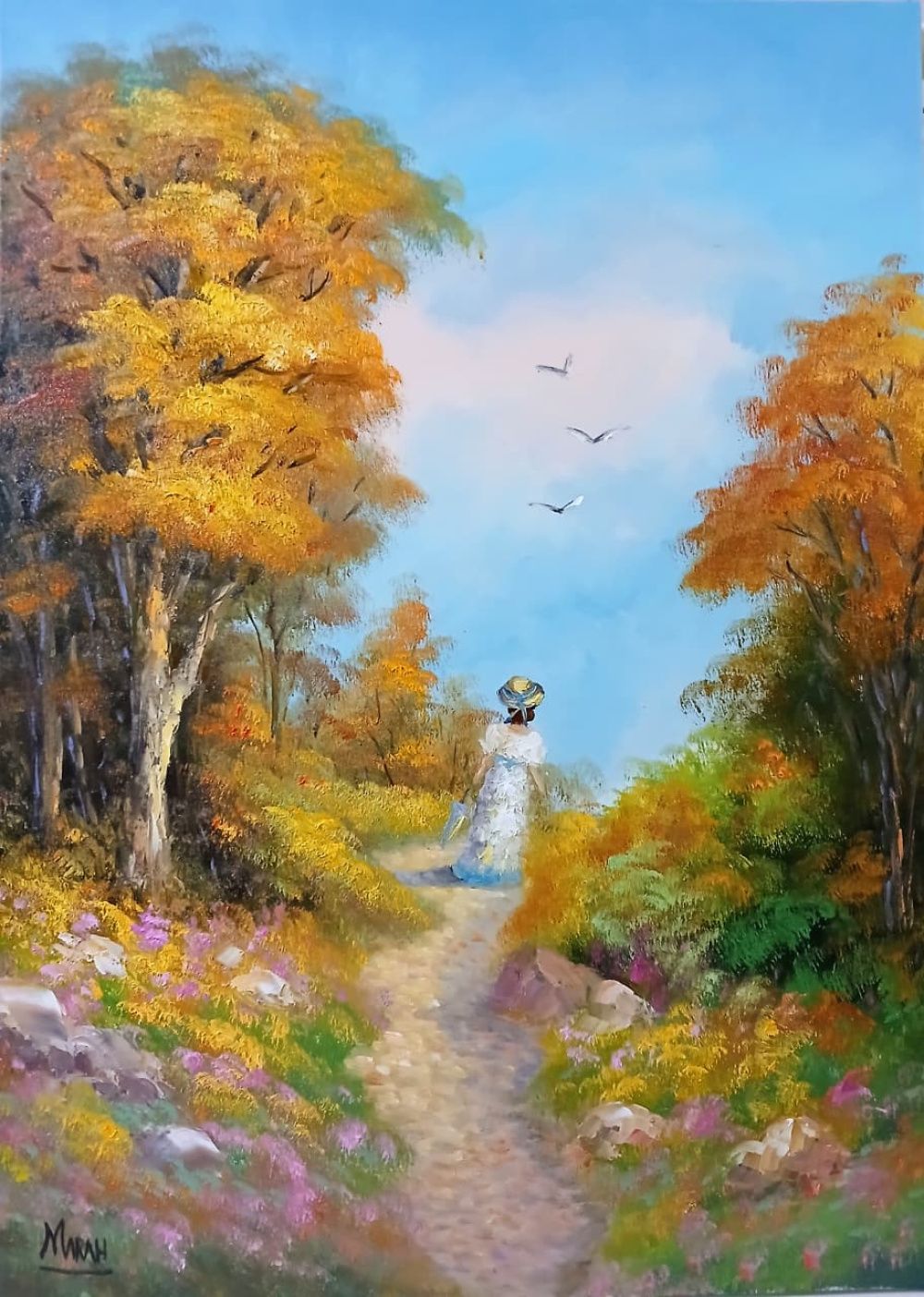 Quadro original "Caminho de Outono" — Paisagens, Óleo sobre tela, 50 x 70 cm, pintado à mão por Marah Silva