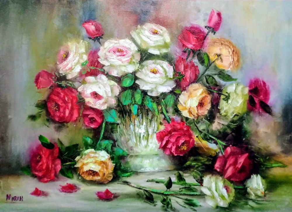 Quadro original "Flores sobre a Mesa" — Florais, Óleo sobre tela, 70 x 50 cm, pintado à mão por Marah Silva