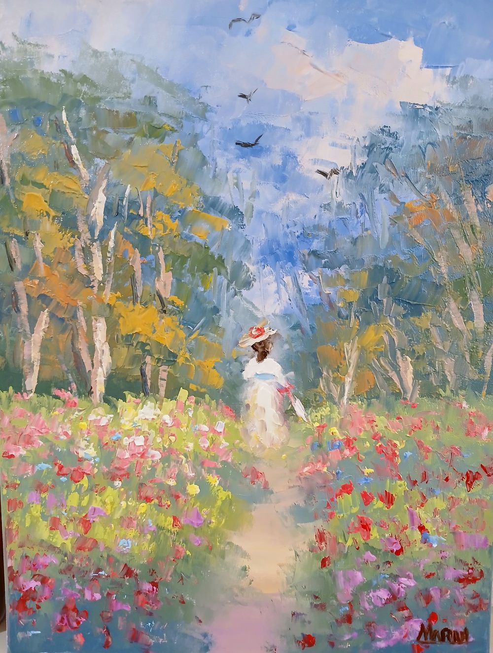 Quadro original "Flores no caminho" — Impressionismo, Óleo sobre tela, 30 x 40 cm, pintado à mão por Marah Silva
