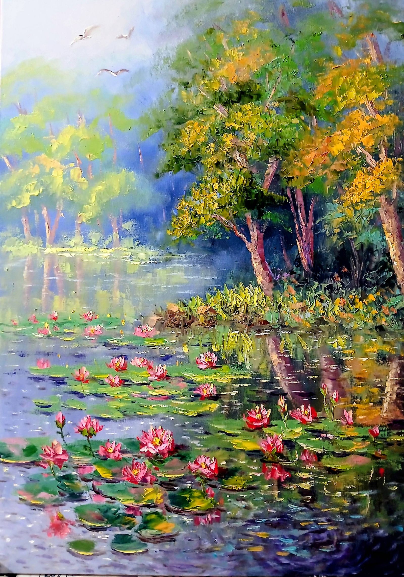 Quadro original "Jardim Flutuante" — Impressionismo, Espatulado a óleo sobre tela, 50 x 70 cm, pintado à mão por Marah Silva