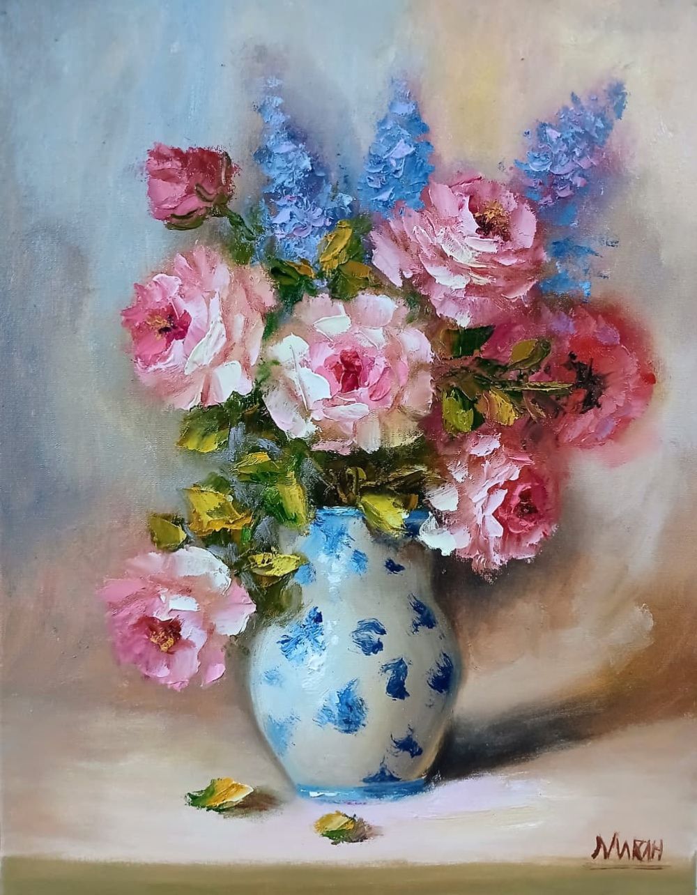 Quadro original "Rosas do Alvorecer" — Florais, Óleo sobre tela, 30 x 40 cm, pintado à mão por Marah Silva