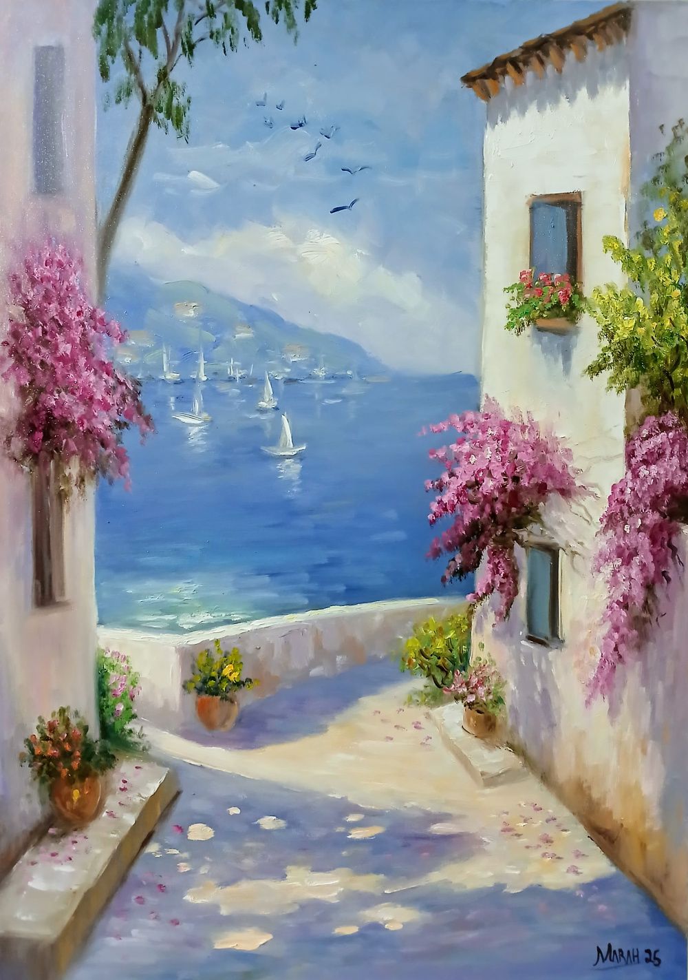 Quadro original "Refúgio Mediterrâneo" — Paisagens, Óleo sobre tela, 50 x 70 cm, pintado à mão por Marah Silva