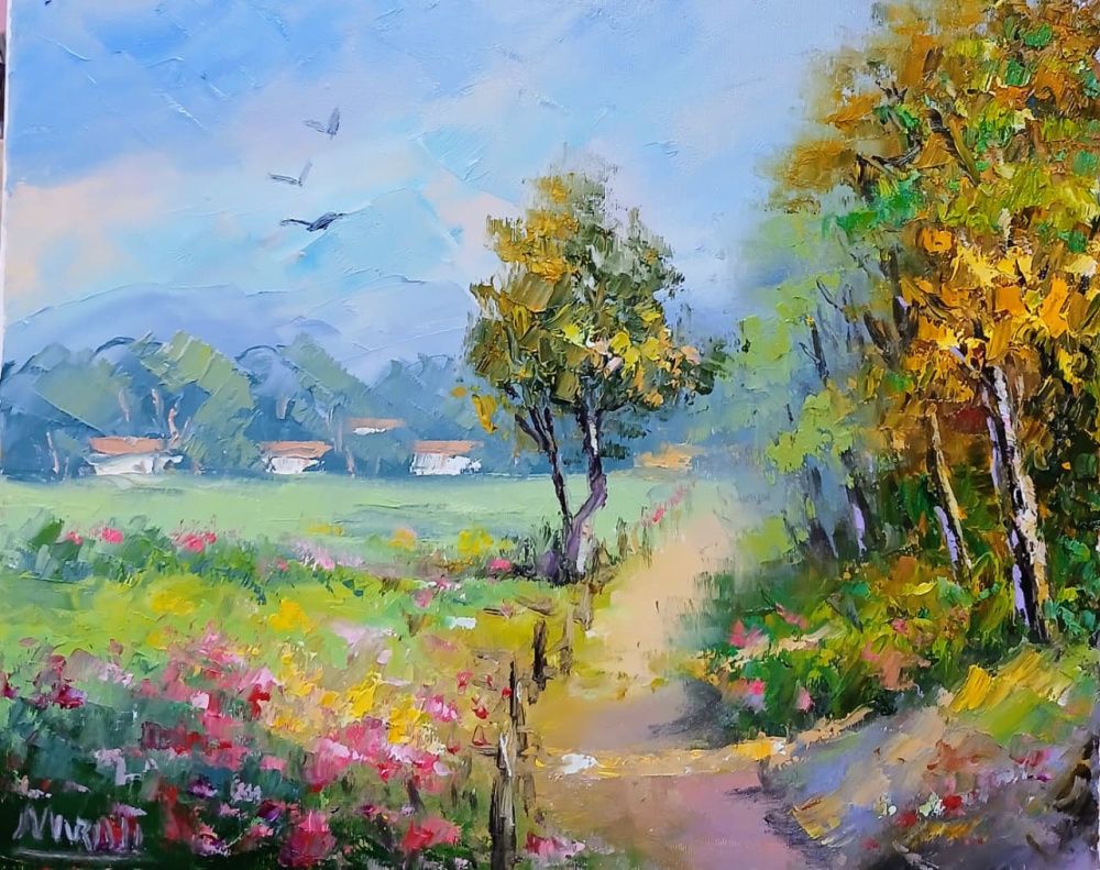 Quadro original "Caminho entre Flores e Luz" — Paisagens, Óleo sobre tela, 30 x 24 cm, pintado à mão por Marah Silva