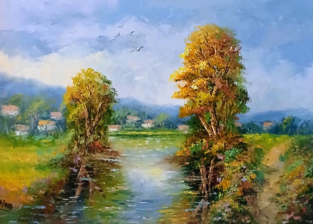 Quadro original "Rio no Campo" — Paisagens, Óleo sobre tela, 70 x 50 cm, pintado à mão por Marah Silva