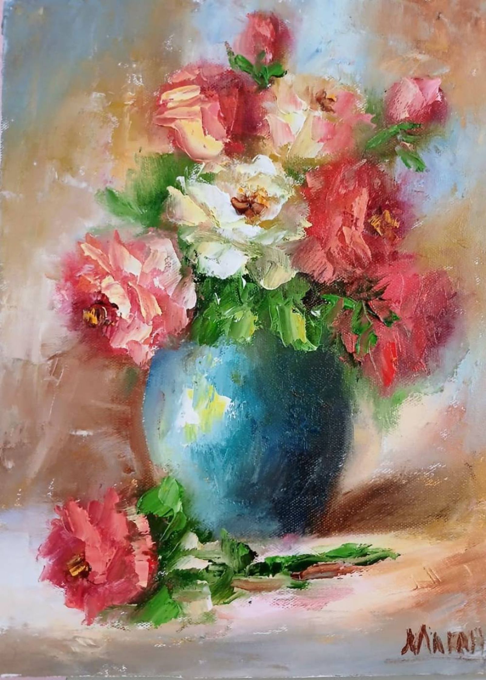 Quadro original "Rosas no Azul Profundo" — Florais, 18 x 24 cm, pintado à mão por Marah Silva
