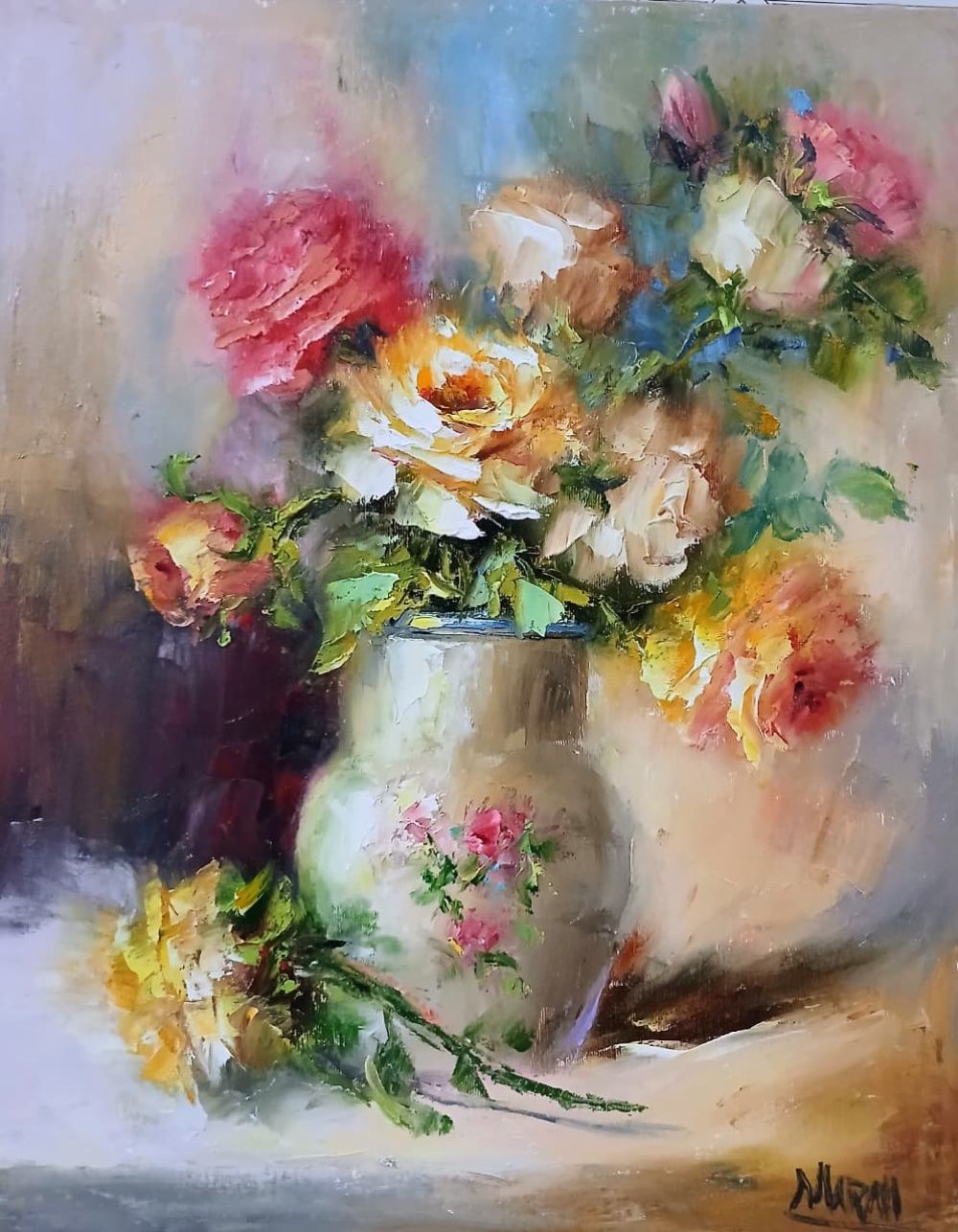 Quadro original "Vaso com rosas coloridas" — Florais, Óleo sobre tela, 24 x 30 cm, pintado à mão por Marah Silva