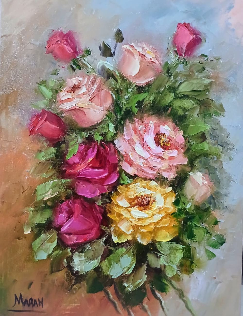Quadro original "Flores ao Vento" — Florais, Óleo sobre tela, 30 x 40 cm, pintado à mão por Marah Silva