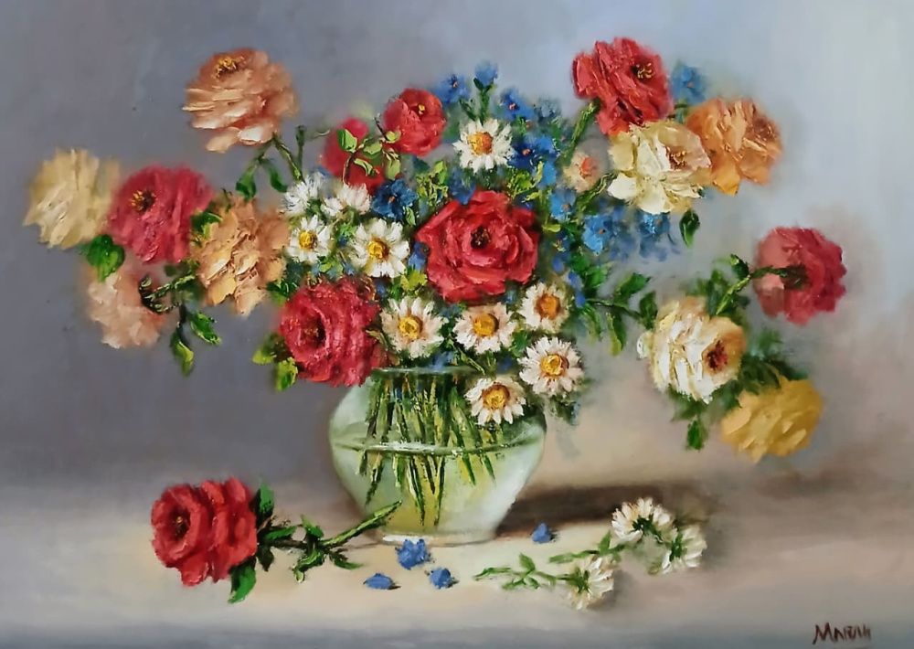 Quadro original "Buque da Manhã Serena" — Florais, Óleo sobre tela, 70 x 50 cm, pintado à mão por Marah Silva