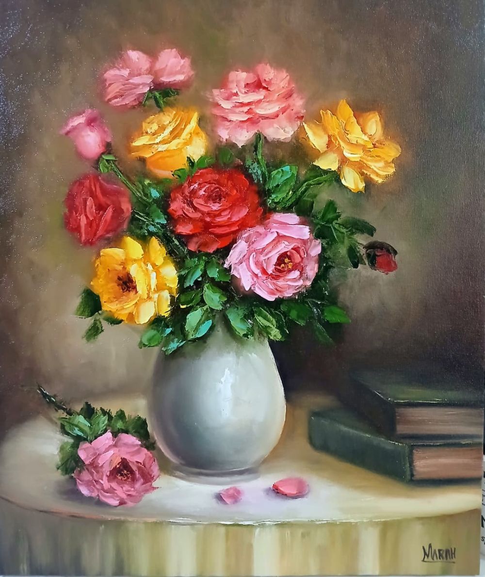 Quadro original "Leitura em Flor" — Florais, Óleo sobre tela, 40 x 50 cm, pintado à mão por Marah Silva