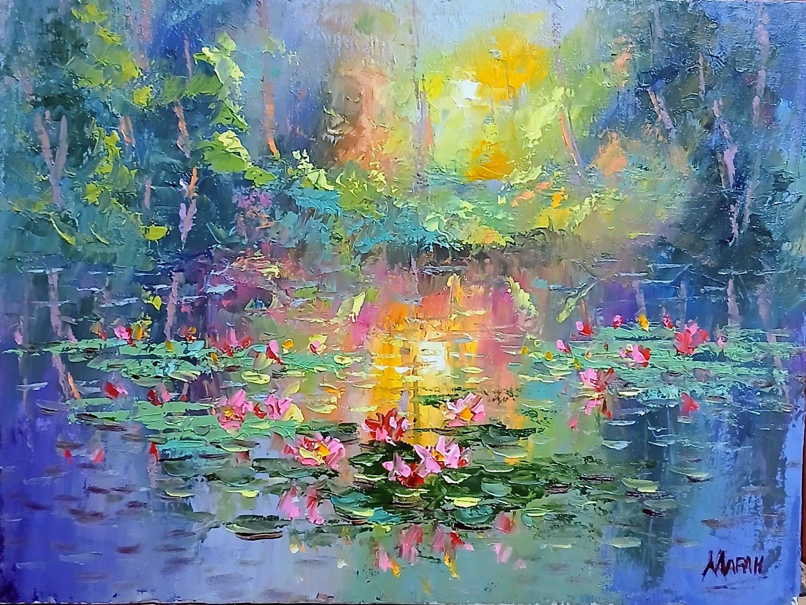 Quadro original "Luz do Sol nas Ninféias" — Impressionismo, Técnica espatulada a óleo, 30 x 40 cm, pintado à mão por Marah Silva